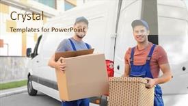  Presentation with moving - Audience pleasing PPT theme consisting of delivery men with moving boxes backdrop and a cream colored foreground
