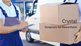  Presentation with moving - PPT theme having delivery men with moving boxes background and a soft green colored foreground