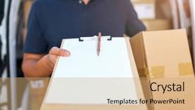  Presentation with courier firm analysis - Cool new PPT theme with delivery note - courier with clipboard and cardboard backdrop and a coral colored foreground