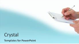  Presentation with writing - Slide set consisting of delivery note - man filling out form writing background and a light blue colored foreground