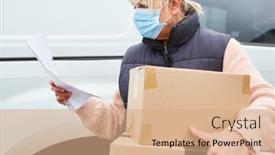  Presentation with checks - Presentation design featuring delivery-parcel-delivery-woman background and a coral colored foreground