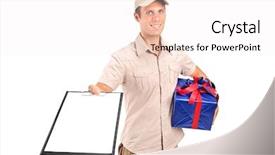  Presentation with older person holding pills - Amazing slides having delivery person delivering a gift backdrop and a white colored foreground