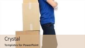  Presentation with logistics - PPT theme consisting of delivery service mail logistics people and shipping concept - happy man with parcel boxes background and a coral colored foreground
