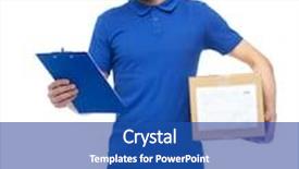  Presentation with logistics - Cool new presentation with delivery service mail logistics people and shipping concept - happy man with parcel box and clipboard backdrop and a ocean colored foreground