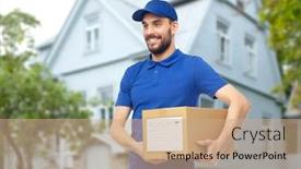  Presentation with logistics - Colorful PPT layouts enhanced with delivery service mail people logistics and shipping concept - happy man with parcel box over house background backdrop and a coral colored foreground