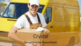  Presentation with express delivery - Audience pleasing slides consisting of delivery service man with parcel backdrop and a gold colored foreground