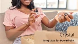  Presentation with young happy people smiling - Beautiful PPT theme featuring delivery-shipping-and-people-concept backdrop and a coral colored foreground