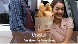  Presentation with grocery bag - Cool new PPT theme with delivery-staff-giving-grocery-bag backdrop and a coral colored foreground