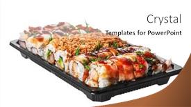  Presentation with sushi - Amazing slides having delivery-tray-of-uramaki-sushi backdrop and a white colored foreground