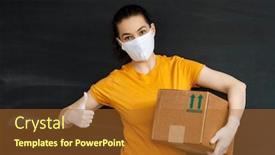  Presentation with rubber gloves - PPT theme with delivery-woman-holding-cardboard-box background and a red colored foreground