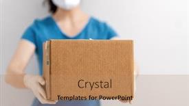  Presentation with rubber gloves - Beautiful PPT theme featuring delivery-woman-holding-cardboard-box backdrop and a coral colored foreground