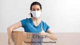  Presentation with rubber gloves - Presentation design having delivery-woman-holding-cardboard-box background and a coral colored foreground