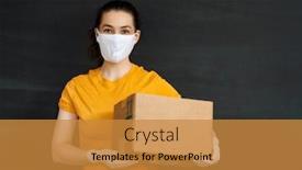  Presentation with rubber gloves - PPT theme with delivery-woman-holding-cardboard-box background and a gold colored foreground