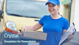  Presentation with outdoors - Cool new PPT theme with delivery woman with package outdoors backdrop and a ocean colored foreground