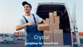  Presentation with car - Beautiful slide set featuring deliveryman-holds-parcels backdrop and a ocean colored foreground