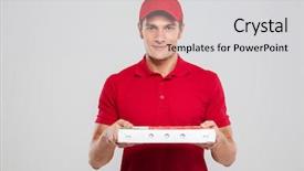  Presentation with pizza - PPT theme featuring deliveryman in studio front view background and a light gray colored foreground
