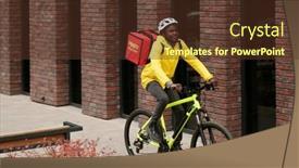  Presentation with online food - PPT theme enhanced with deliveryman-of-modern-food-delivery background and a tawny brown colored foreground