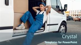  Presentation with relaxing - Beautiful PPT theme featuring deliveryman-relaxing-in-the-car backdrop and a ocean colored foreground