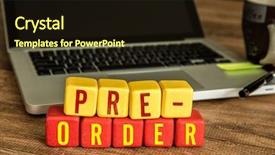  Presentation with order - PPT layouts featuring demand market - pre-order written on a wooden background and a wine colored foreground