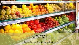  Presentation with fresh cut fruits vegetables - Presentation theme enhanced with demand product - shelves with fresh vegetables background and a  colored foreground