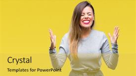 Presentation with business success - Cool new PPT layouts with demention - young beautiful worker business woman backdrop and a yellow colored foreground