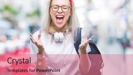  Presentation with young woman wearing boxer gloves - Slide deck consisting of demention - young blonde student woman wearing background and a coral colored foreground