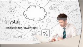  Presentation with concept - Colorful presentation theme enhanced with demo - businessman sitting at white table backdrop and a white colored foreground