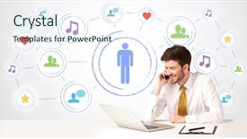  Presentation with social media - Amazing slide set having demo - businessman sitting at white table backdrop and a sky blue colored foreground