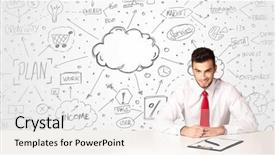  Presentation with waiter hand in white glove - Slide set with demo - businessman sitting at white table background and a white colored foreground