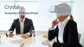  Presentation with employee retention milestones - Colorful presentation design enhanced with demo - employee in vr headset backdrop and a sky blue colored foreground