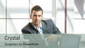  Presentation with diagram - Audience pleasing PPT theme consisting of demo - young businessman sitting at desk backdrop and a light gray colored foreground