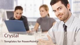  Presentation with office - Amazing presentation design having demo - young office worker smiling colleagues backdrop and a  colored foreground