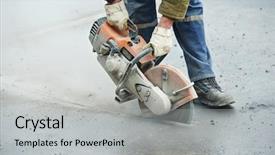  Presentation with road construction - Audience pleasing PPT theme consisting of demolition - builder worker with cut-off machine backdrop and a light gray colored foreground