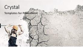  Presentation with brick wall - Colorful slide set enhanced with demolition - strong man in uniform breaking backdrop and a light gray colored foreground