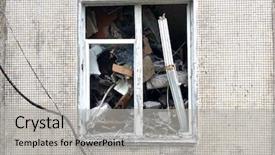  Presentation with house window frame - Beautiful PPT layouts featuring demolition of an old apartment backdrop and a light gray colored foreground