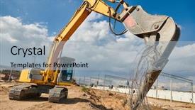 Presentation with crushing - Audience pleasing slide deck consisting of demolition work - excavator crasher machine crushing pole backdrop and a light blue colored foreground