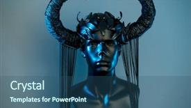  Presentation with demon - Presentation design enhanced with demon - witch black dress with helmet background and a ocean colored foreground