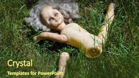  Presentation with blue eyes - PPT theme with demon possessed - partitioned blonde doll with blue background and a tawny brown colored foreground