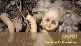  Presentation with blue eyes - Slides featuring demon possessed - partitioned blonde doll with blue background and a tawny brown colored foreground