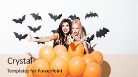  Presentation with vampire - Audience pleasing PPT theme consisting of demon possessed - two smiling beautiful women backdrop and a  colored foreground