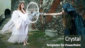 Presentation with battle - Audience pleasing slide set consisting of demon possessed - witch and angel magical battle backdrop and a tawny brown colored foreground