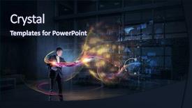  Presentation with magic - Slide deck enhanced with demonstration - businessman demonstrating magic mixed media background and a wine colored foreground