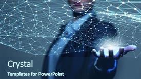  Presentation with hand palm - PPT theme with demonstration - businesswoman hand demonstrating digital connection background and a ocean colored foreground