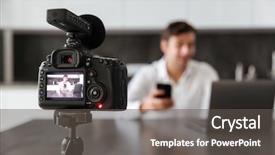  Presentation with video - Colorful presentation theme enhanced with demonstration - concentrated young man filming his backdrop and a dark gray colored foreground