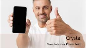  Presentation with happy sad face man - Presentation featuring demonstration - image of happy man 30s background and a coral colored foreground