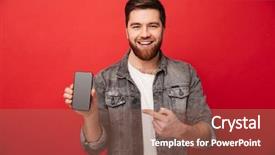  Presentation with young man on the phone - Presentation theme having demonstration - image of young brunette man background and a violet colored foreground