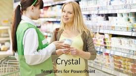  Presentation with products supermarket - Slide deck enhanced with demonstration - sales assistant in supermarket demonstrating background and a coral colored foreground