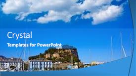  Presentation with sea port - Theme with denia marina port and castle in alicante at spain mediterranean sea background and a teal colored foreground