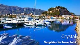  Presentation with sea port - Colorful presentation design enhanced with denia marina port and castle in alicante at spain mediterranean sea backdrop and a teal colored foreground