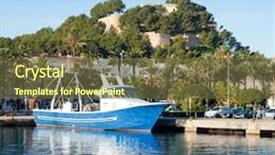  Presentation with mountain water - Cool new slide deck with denia mediterranean port village with castle mountain and blue sea water backdrop and a tawny brown colored foreground
